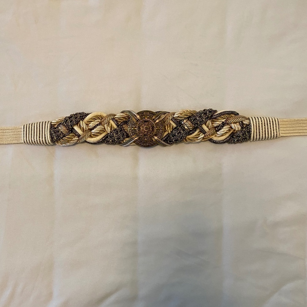 Vintage 80s 90s The Leather Shop- Braided Gold Cord Belt-Ornate-Medallion- Large - Picture 3 of 9